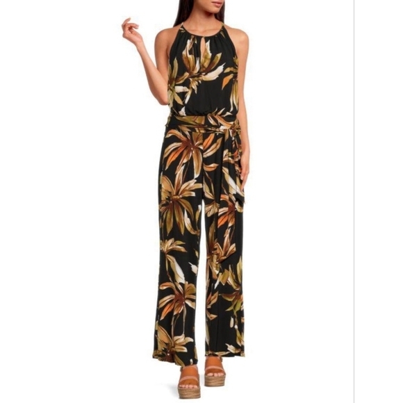 T Tahari Black and Brown Leaf Print Jumpsuit. Size L. nwt. - Picture 2 of 9